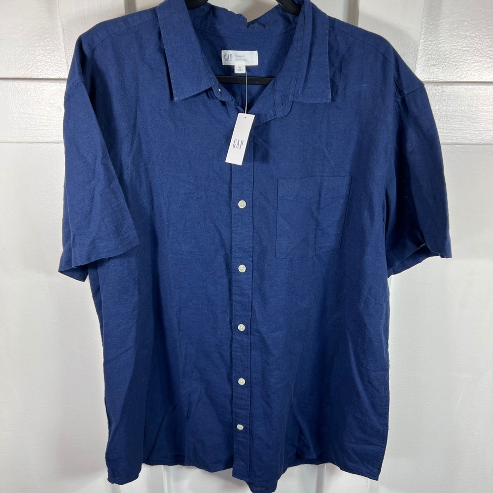 Gap Mens XL Navy Blue Linen Blend Short Sleeve Button Down Shirt Standard Fit